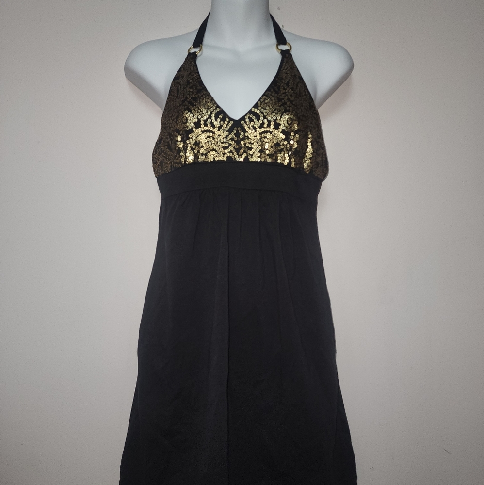 Victoria's Secret Black with Gold Sequin Halter Bra Top S